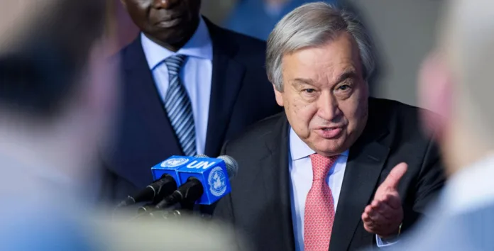 Secretary-General António Guterres (front) and Adama Dieng, Special Adviser on the Prevention of Genocide, jointly brief press following the launch of the United Nations Strategy and Plan of Action on Hate Speech.