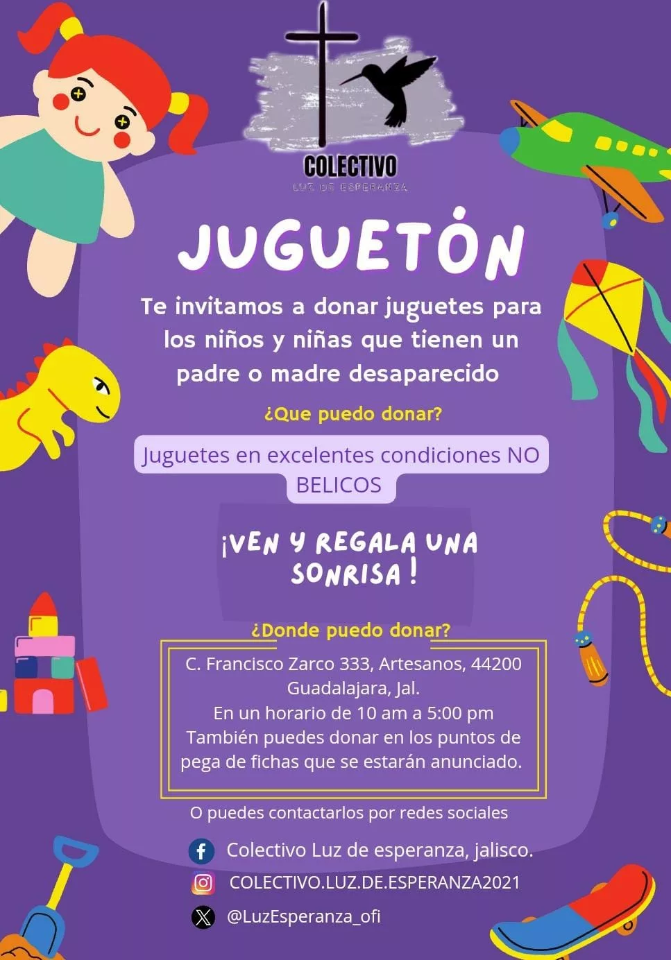 El colectivo Luz de Esperanza convoca al Juguetón para niños afectados por desapariciones