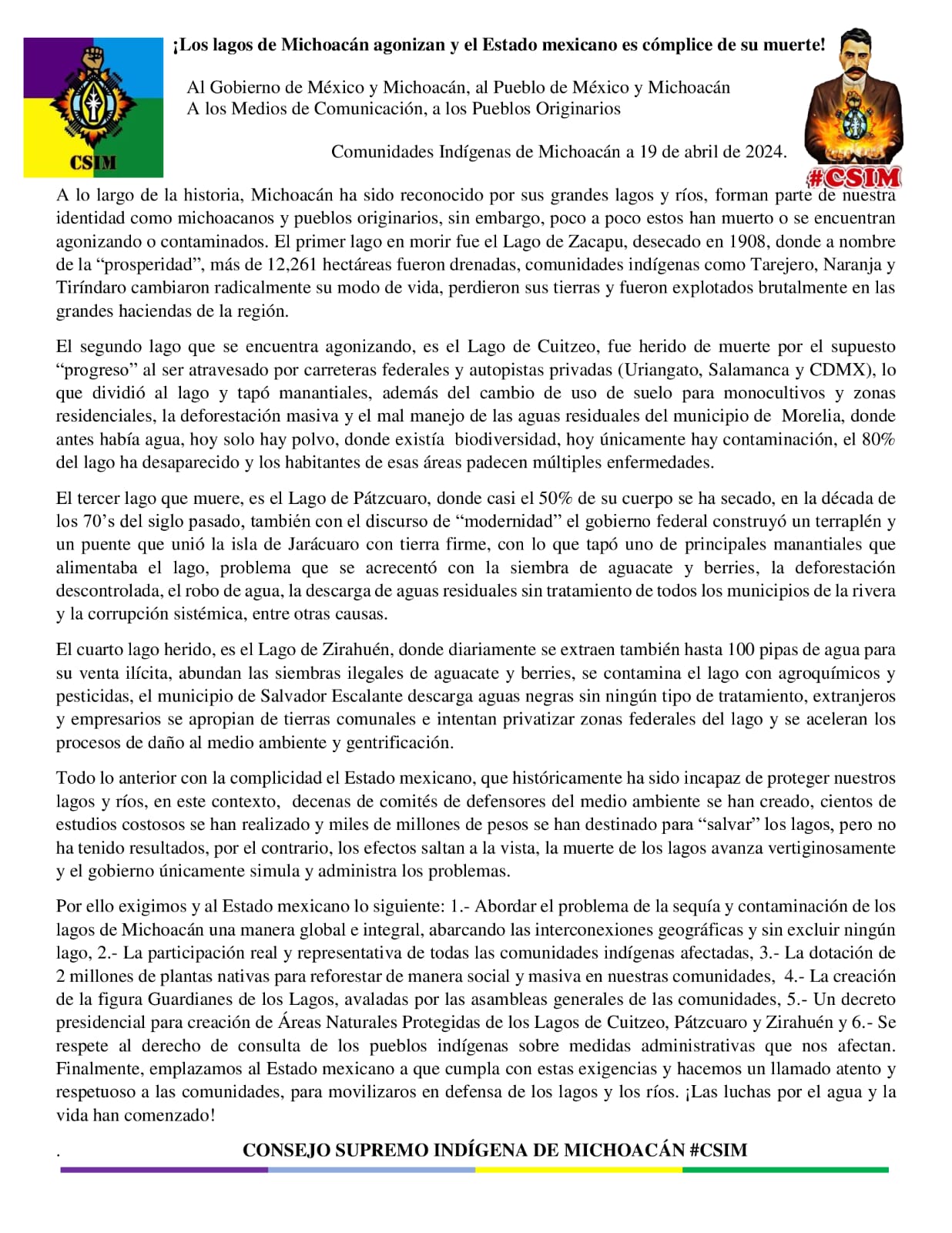 El Consejo Supremo Indígena de Michoacán (CSIM) denuncia la falta de acción por el Estado Mexicano ante el deterioro y la no protección de los lagos en Michoacán para la búsqueda de preservación del agua y vida en la región.