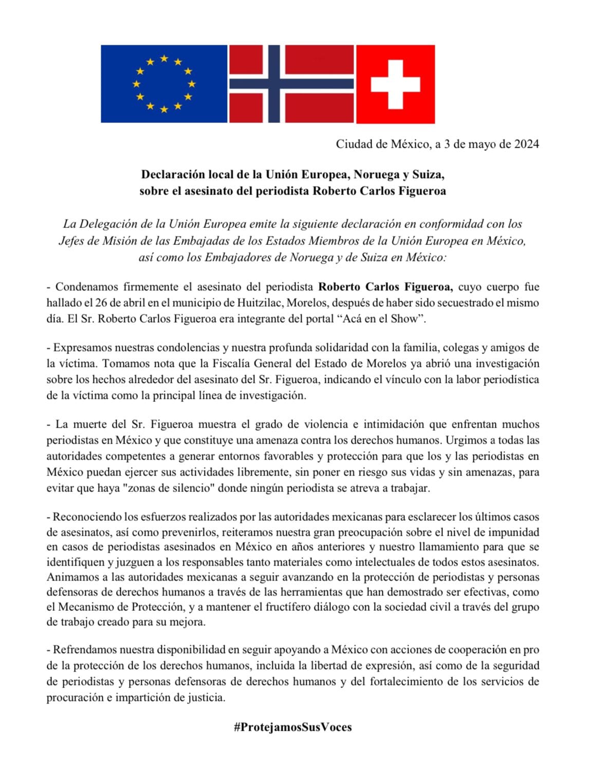 Comunicado de la Delegación de la Unión Europea por el asesinato del periodista Roberto Carlos Figueroa.