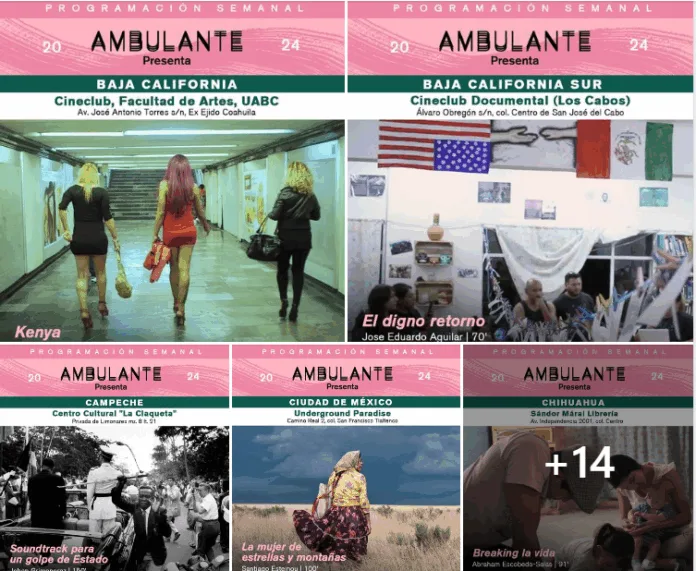 Ambulante, fundado en 2005 por Gael García Bernal, Diego Luna y Elena Fortes, sigue dando lo mejor del cine documental como herramienta de transformación social y cultural en México. De julio a noviembre de 2024, presentará un circuito de exhibición documental en 24 estados del país. Ambulante, fundado en 2005 por Gael García Bernal, Diego Luna y Elena Fortes, sigue dando lo mejor del cine documental como herramienta de transformación social y cultural en México. De julio a noviembre de 2024, presentará un circuito de exhibición documental en 24 estados del país.