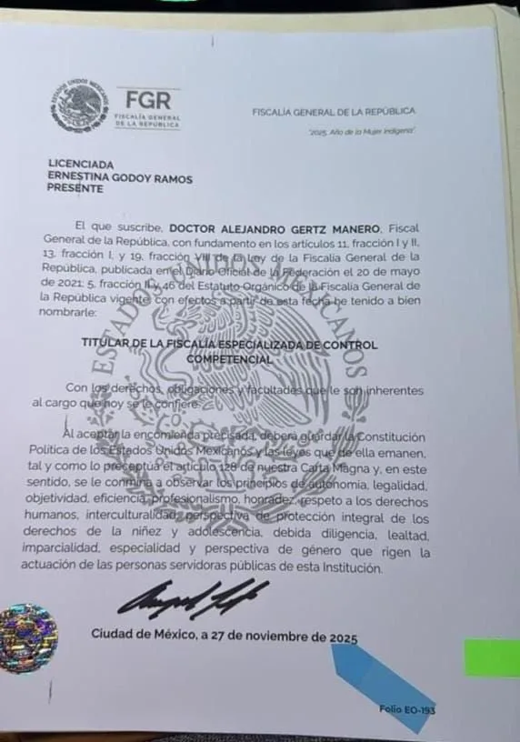 Alejandro Gertz Manero designa a Ernestina Godoy como encargada de despacho de la FGR