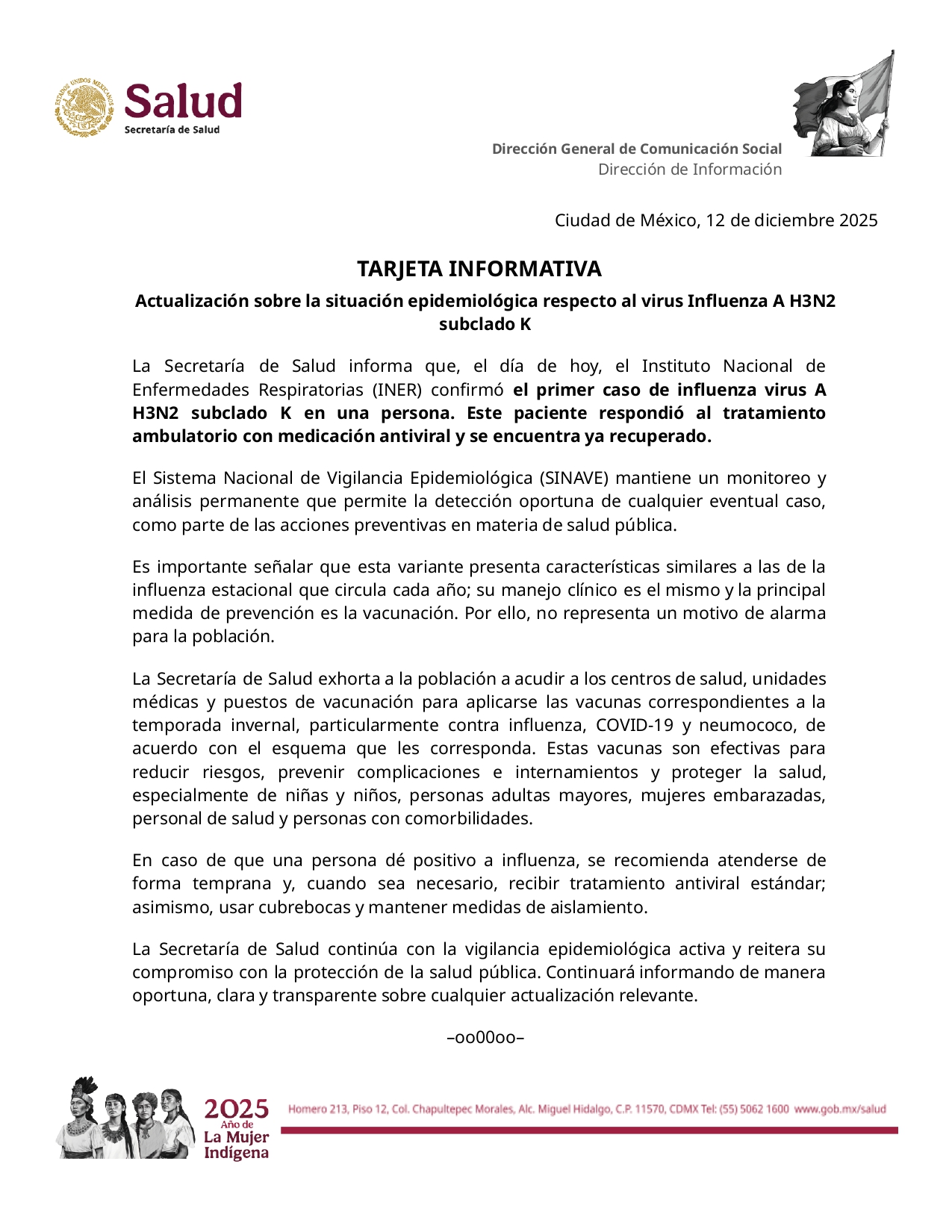 Detectan en México caso de nueva variante de influenza H3N2; autoridades refuerzan vigilancia y vacunación