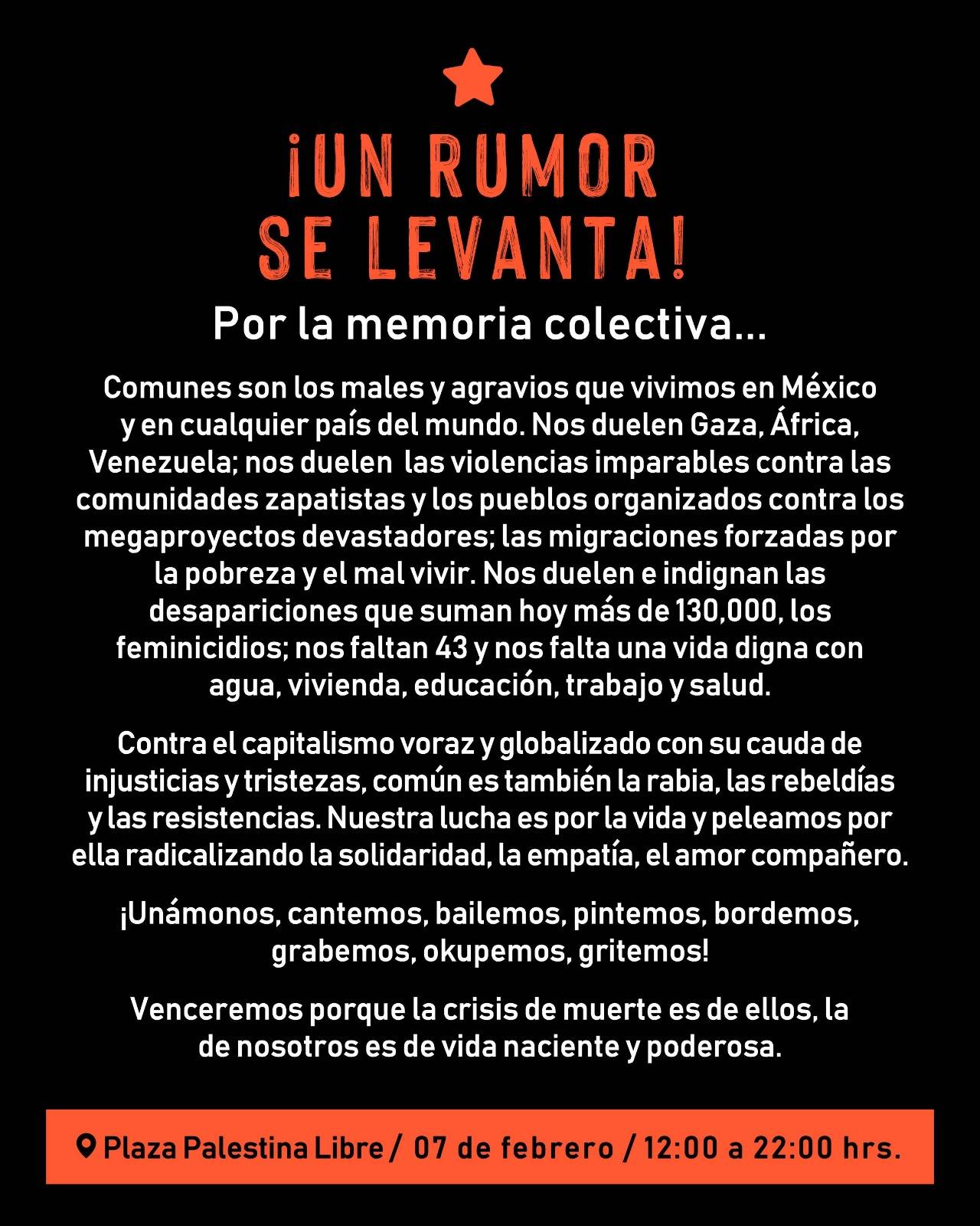 Un rumor se levanta: jornada cultural y política reunirá voces contra la censura y el despojo en la CDMX