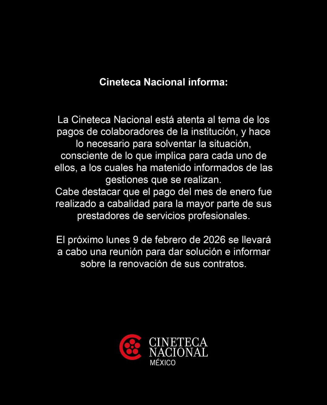 Comunicado institucional de la CINETECA NACIONAL publicado el día 9 de febrero