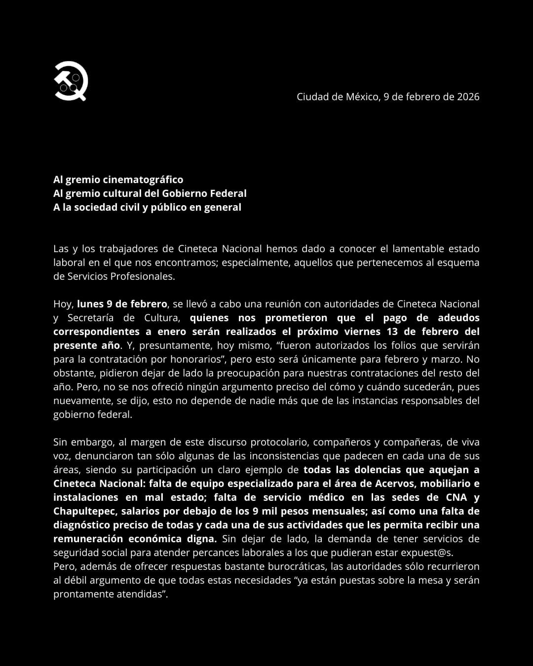 Comunicado publicado en las redes sociales de la colectiva cineteca nacional